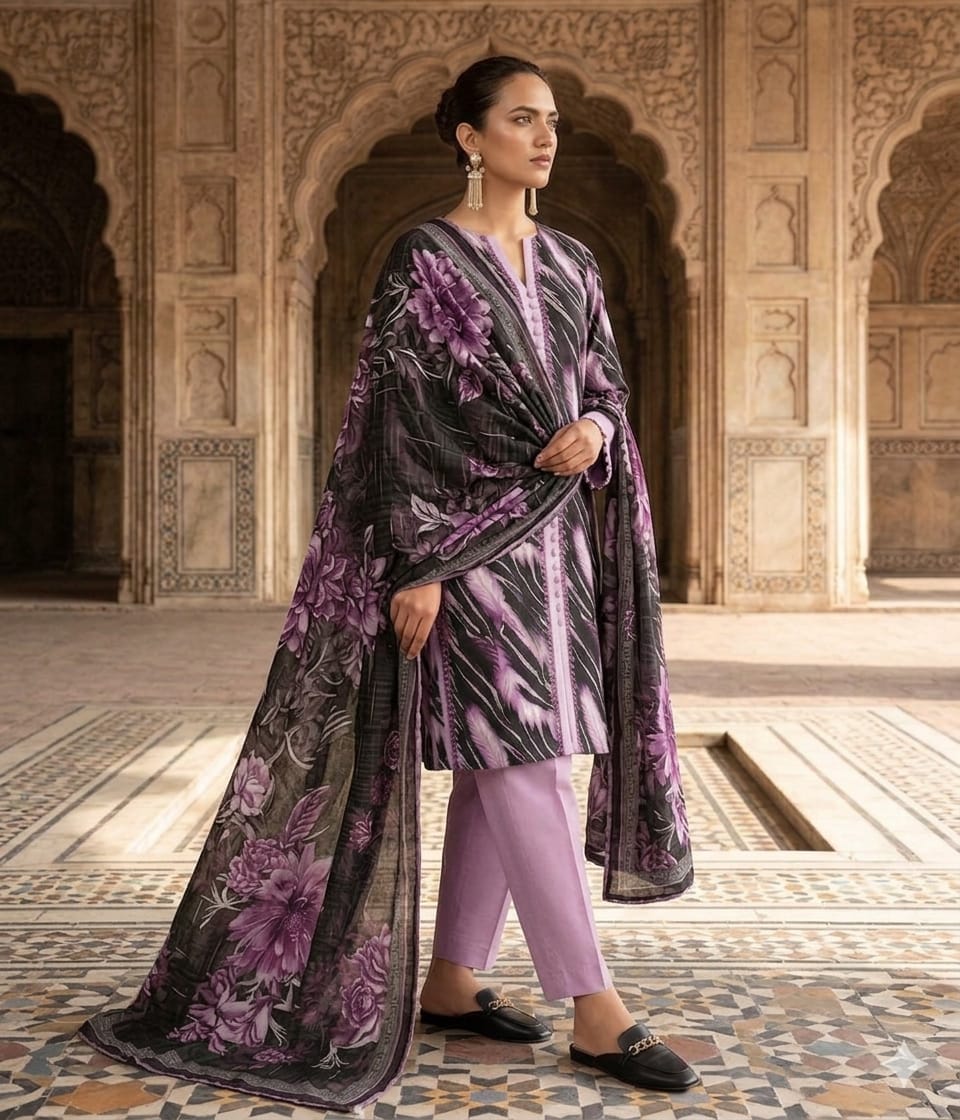 Purple Floral Elegance - Premium Unstitched  3 Piece Doriya Lawn