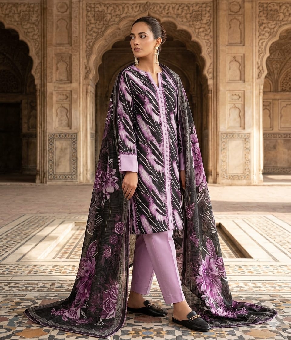 Purple Floral Elegance - Premium Unstitched  3 Piece Doriya Lawn
