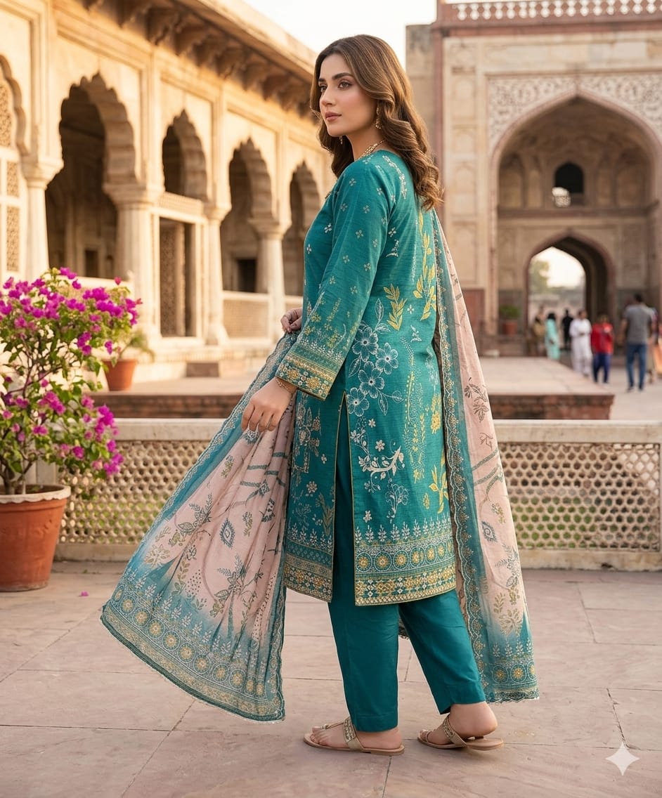 Oceanic Bloom – Premium Embroidered 3-Piece Lawn