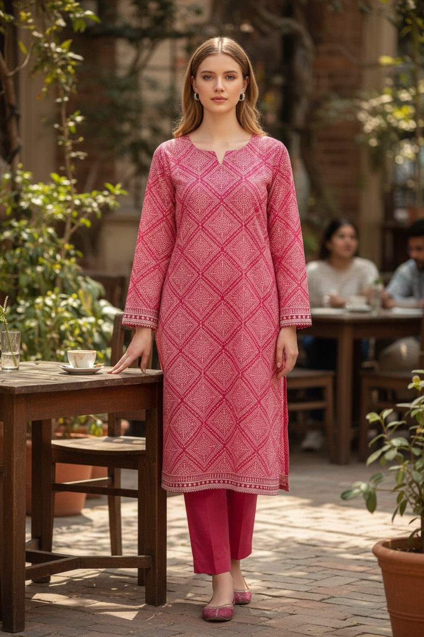Rose Pink Geometric Print - 2-Piece Premium Lawn Unstitched