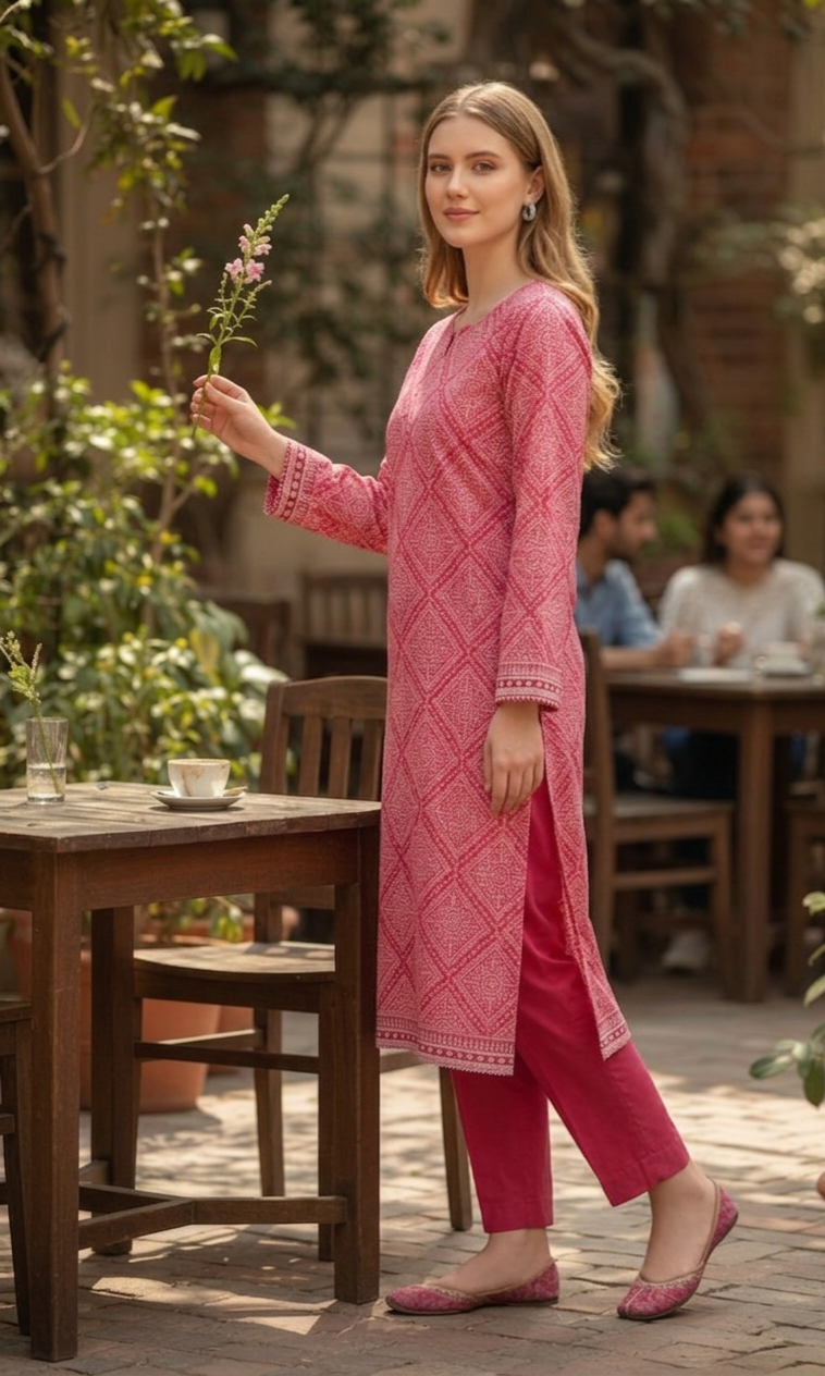 Rose Pink Geometric Print - 2-Piece Premium Lawn Unstitched