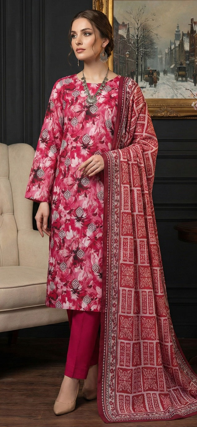 Crimson Bloom – Premium Digital Print 3-Piece Unstitched 🌺