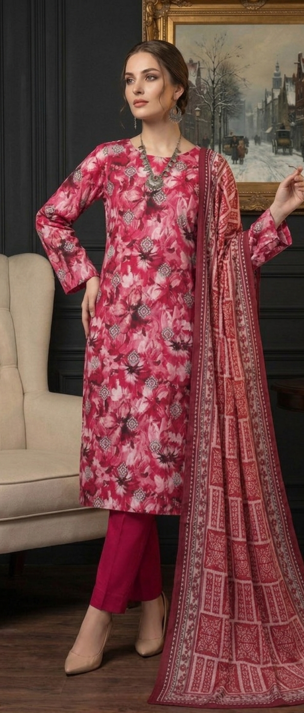 Crimson Bloom – Premium Digital Print 3-Piece Unstitched 🌺