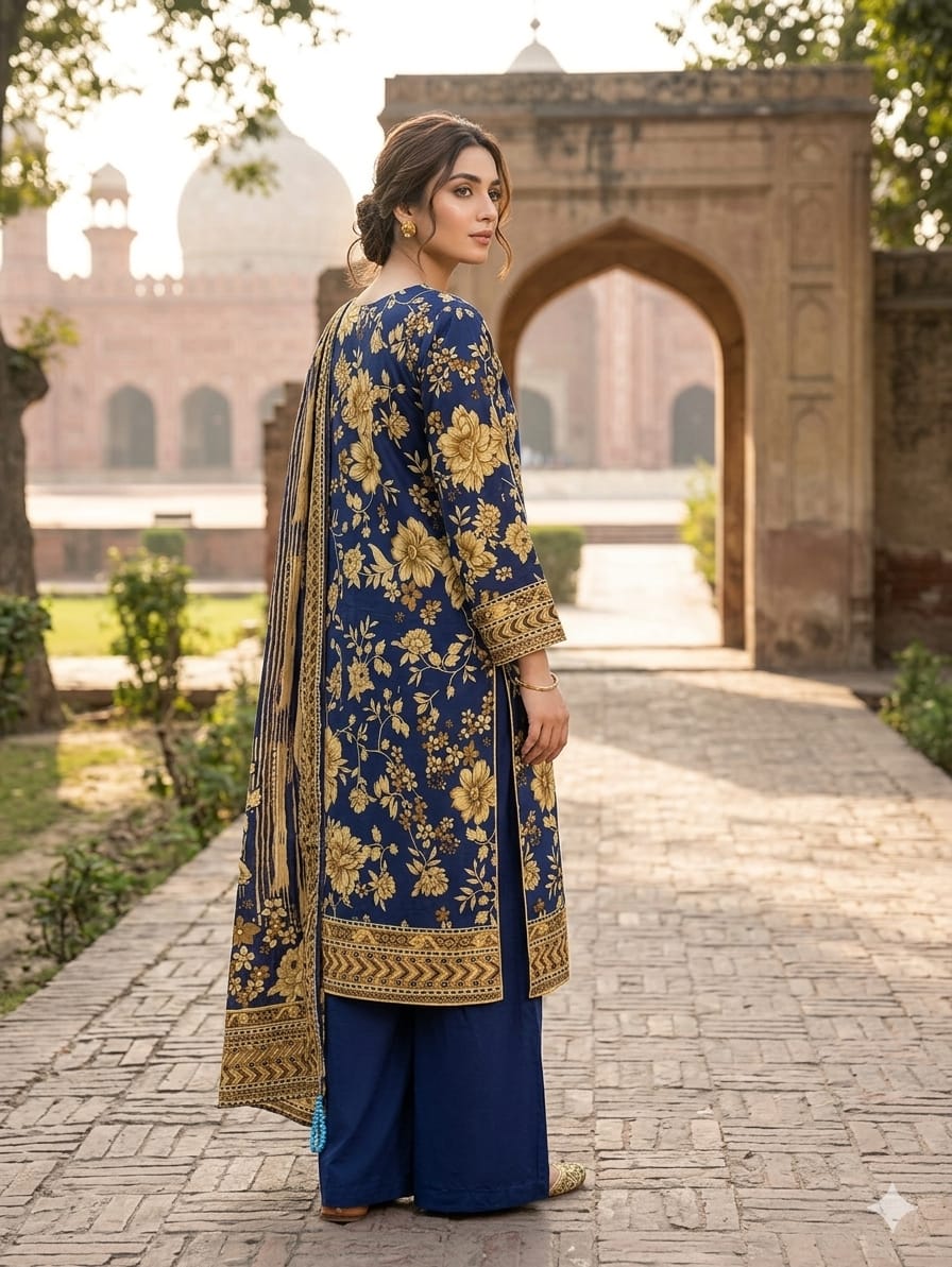 Blue Floral Elegance - Premium Unstitched 3 Piece Printed Lawn
