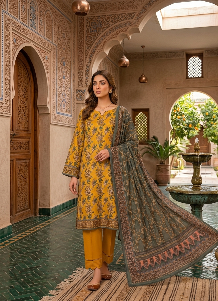 Mustard Meadow - 3 Piece Premium Printed Lawn - Unstitched
