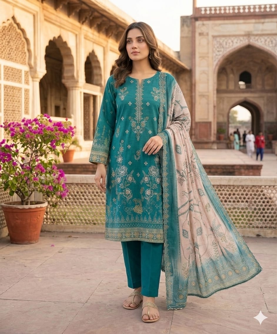 Oceanic Bloom – Premium Embroidered 3-Piece Lawn