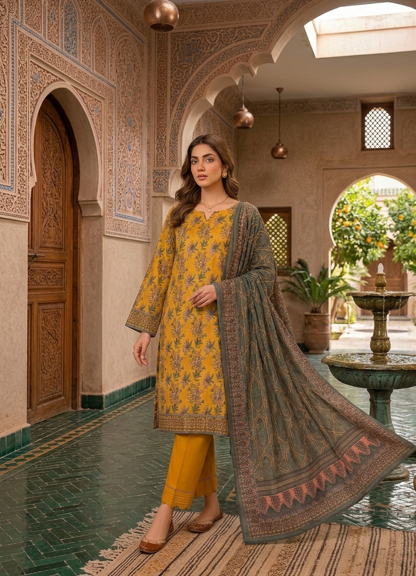 Mustard Meadow - 3 Piece Premium Printed Lawn - Unstitched