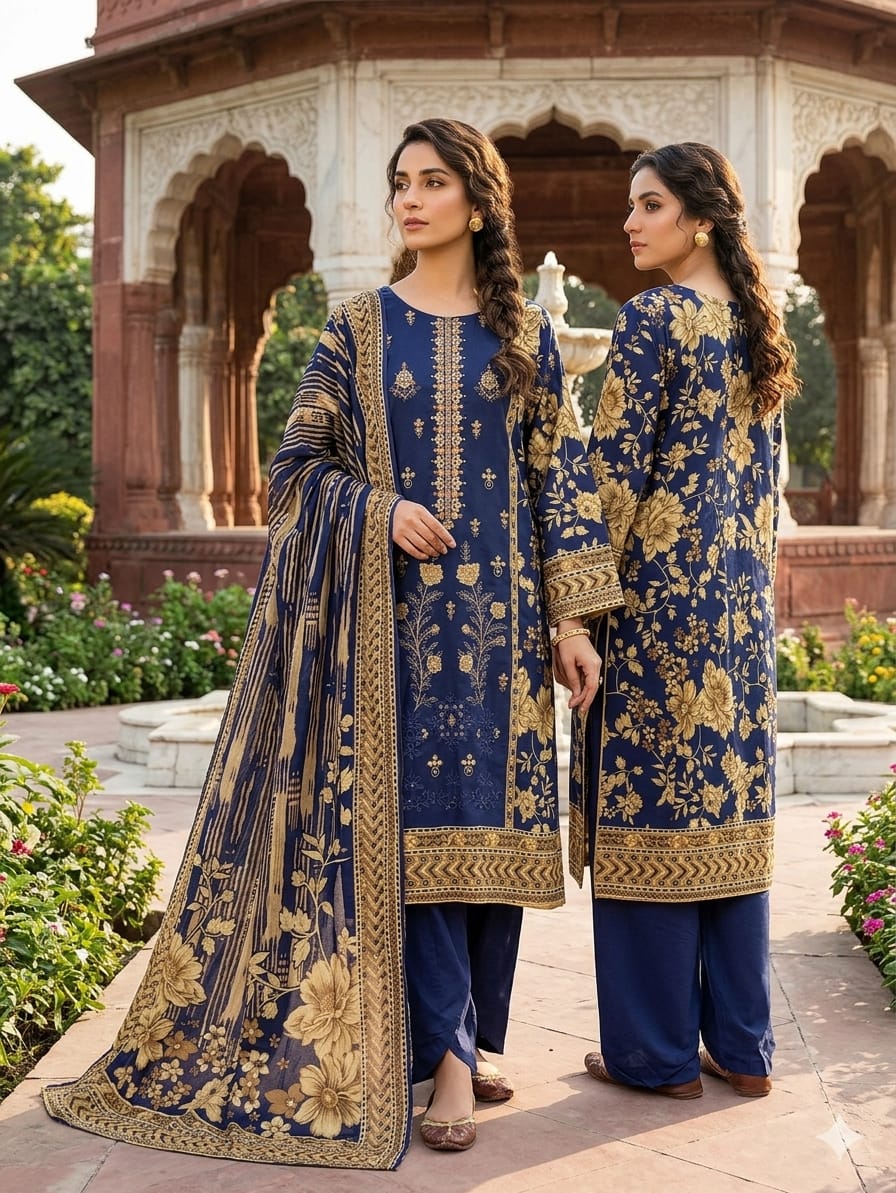 Blue Floral Elegance - Premium Unstitched 3 Piece Printed Lawn