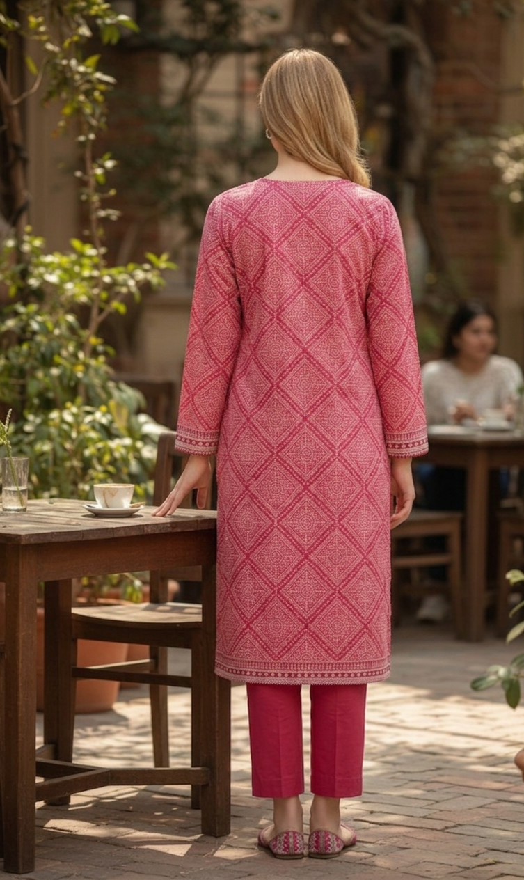 Rose Pink Geometric Print - 2-Piece Premium Lawn Unstitched